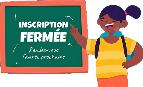 Illustration : une écolière devant un tableau « Inscription fermée – Rendez-vous l’année prochaine »